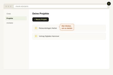 Wireframe: Projektübersicht mit dem Knopf Neues Projekt