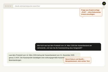 Wireframe: Frage und Antwort im neuen Chat, Kassenbestand mit Quelle genannt