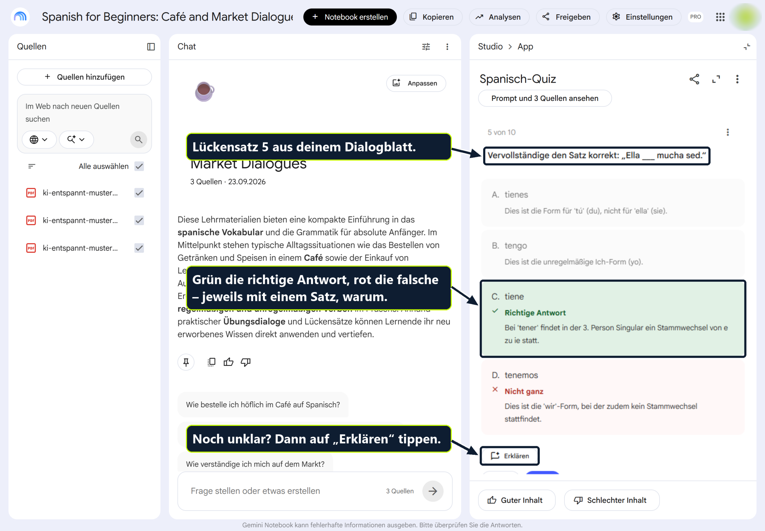 Quizfrage 5 in Gemini Notebook zum Satz Ella mucha sed mit grün markierter richtiger Antwort tiene, rot markierter falscher Antwort und dem Knopf Erklären