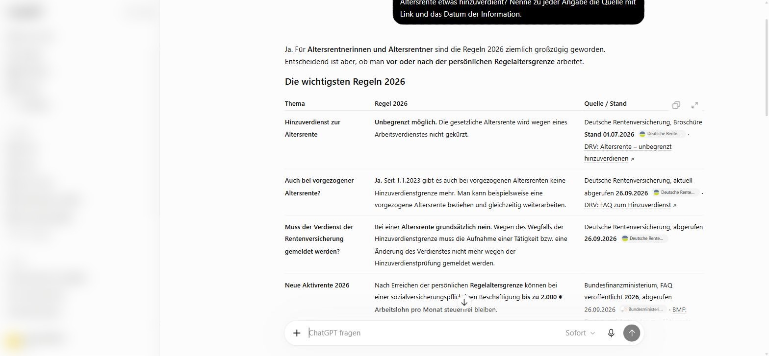 ChatGPT-Antwort als Tabelle mit Regeln und Quellen.