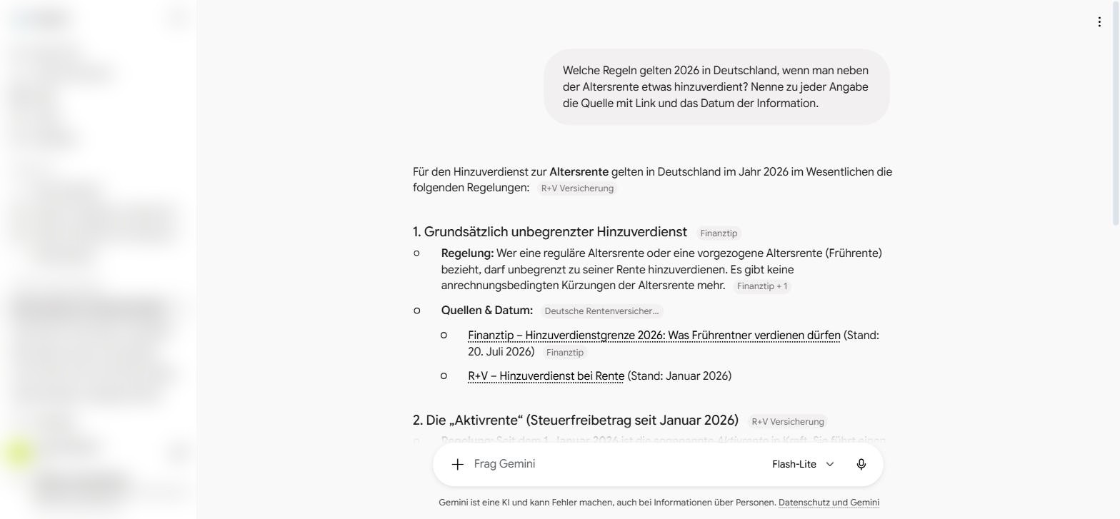 Gemini-Antwort als Liste mit Quellen und Datum.