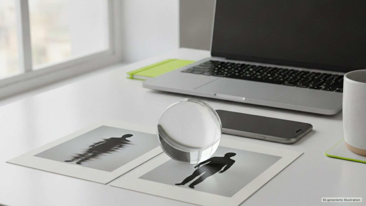 Fotorealistische Szene zur Prüfung manipulierter Bilder oder Videos: Laptop, zwei ausgedruckte Bilder, Lupe und moderner heller Arbeitsplatz. KI-generierte Illustration.