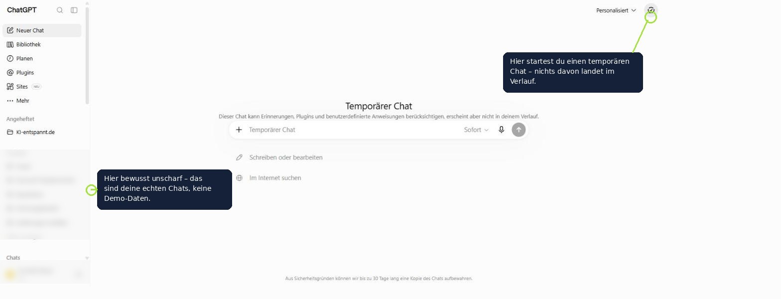 ChatGPT-Startseite eines temporären Chats: Hinweis auf das Symbol oben rechts, mit dem sich ein temporärer Chat starten lässt, eigene Projekte und Chats in der Seitenleiste bewusst unscharf dargestellt.