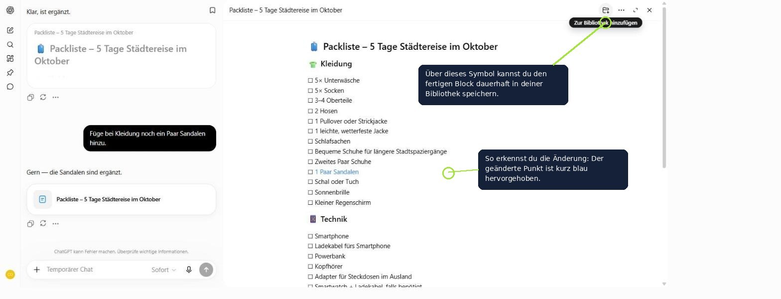 ChatGPT-Ansicht mit Chat links und Block-Panel rechts: Der zuletzt geänderte Packlisten-Punkt ist kurz blau hervorgehoben, oben rechts das Symbol, mit dem sich der Block in der Bibliothek speichern lässt.