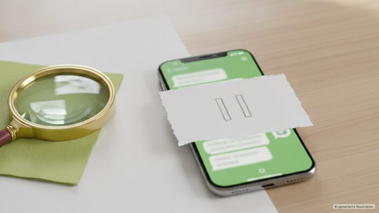 Fotorealistische Szene zu WhatsApp-Kettenbriefen: Smartphone mit abstrakten grünen Chatflächen, Lupe und Papier auf modernem Tisch. KI-generierte Illustration.