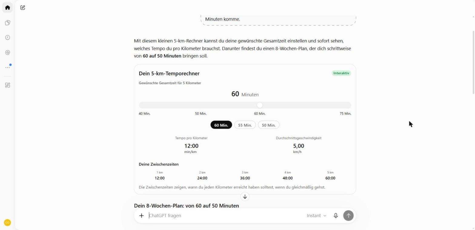 ChatGPT-Antwort mit der Karte „Dein 5-km-Temporechner“ und dem Etikett „Interaktiv“: groß 60 Minuten, ein Schieberegler von 40 bis 75 Minuten, die Knöpfe 60, 55 und 50 Min., darunter Tempo pro Kilometer 12:00 min/km, Durchschnittsgeschwindigkeit 5,00 km/h und die Zwischenzeiten für 1 bis 5 Kilometer