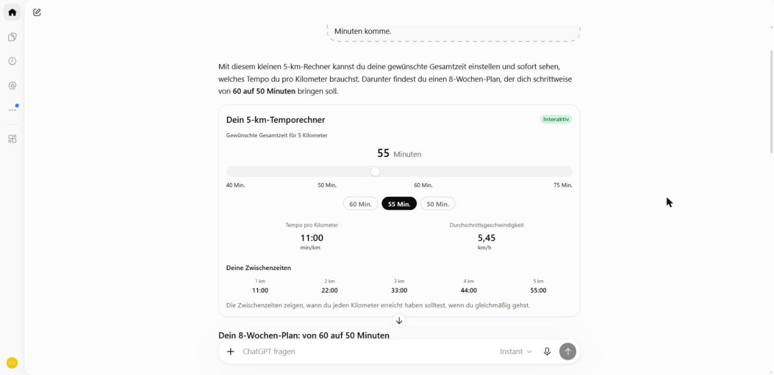 Derselbe Rechner nach einem Tipp auf den Knopf „55 Min.“: Der Regler steht weiter links, Tempo pro Kilometer 11:00 min/km, Durchschnittsgeschwindigkeit 5,45 km/h, Zwischenzeiten 11:00, 22:00, 33:00, 44:00 und 55:00