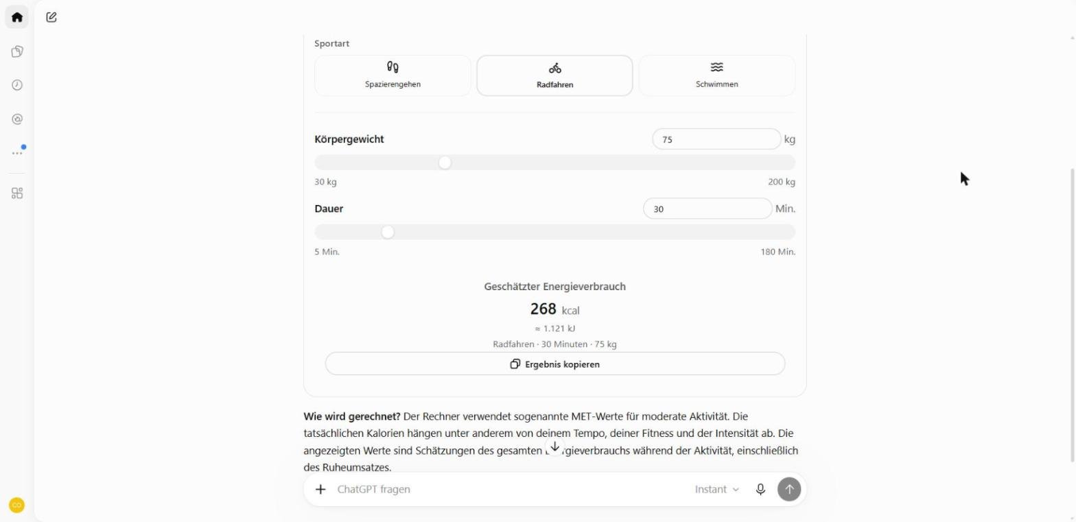 Rechner mit den drei Knöpfen Spazierengehen, Radfahren und Schwimmen, Radfahren ist gewählt; darunter Regler für Körpergewicht 75 kg und Dauer 30 Minuten, als geschätzter Energieverbrauch 268 kcal, ungefähr 1.121 kJ, ein Knopf „Ergebnis kopieren“ und darunter die Erklärung „Wie wird gerechnet?“