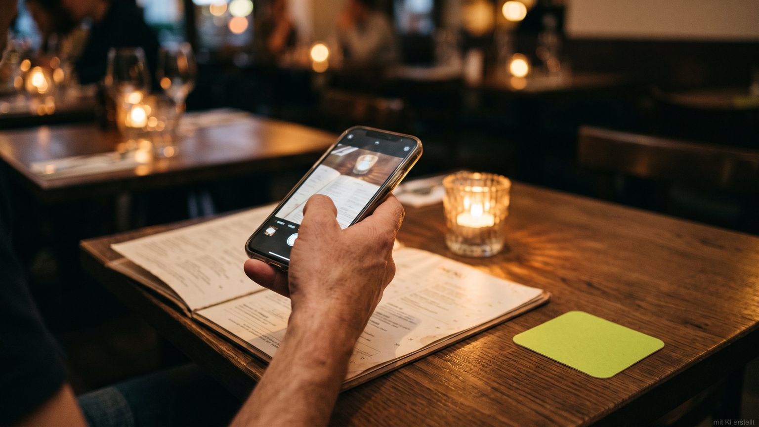Eine Hand hält ein Smartphone über eine aufgeschlagene Speisekarte auf einem Restauranttisch, daneben eine Kerze