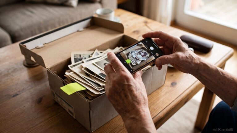 Zwei Hände halten ein Smartphone über einen Schuhkarton mit alten Papierfotos auf dem Wohnzimmertisch, weiches Tageslicht