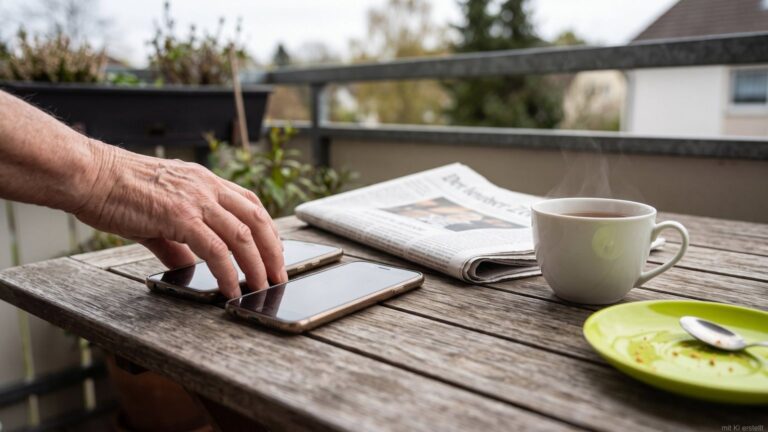 Zwei Smartphones nebeneinander auf einem Holztisch auf dem Balkon, daneben eine gefaltete Zeitung und eine Teetasse