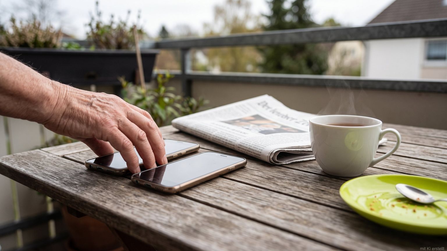 Zwei Smartphones nebeneinander auf einem Holztisch auf dem Balkon, daneben eine gefaltete Zeitung und eine Teetasse