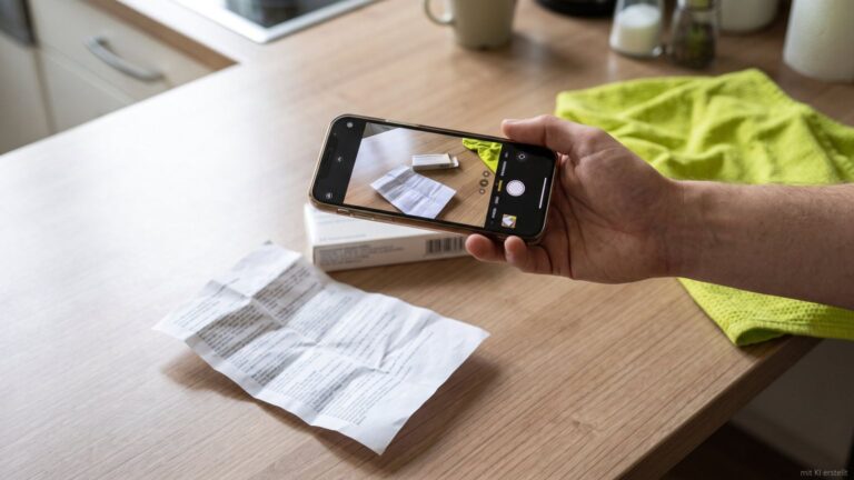 Eine Hand hält ein Smartphone über eine Medikamentenschachtel und einen aufgefalteten Beipackzettel auf dem Küchentisch
