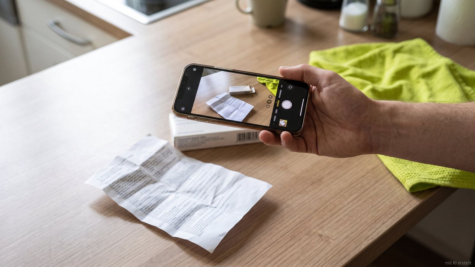 Eine Hand hält ein Smartphone über eine Medikamentenschachtel und einen aufgefalteten Beipackzettel auf dem Küchentisch