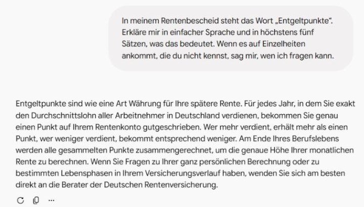 Gemini im temporären Chat: die Frage nach dem Wort Entgeltpunkte und darunter die Antwort in fünf Sätzen, Entgeltpunkte seien wie eine Art Währung für die spätere Rente