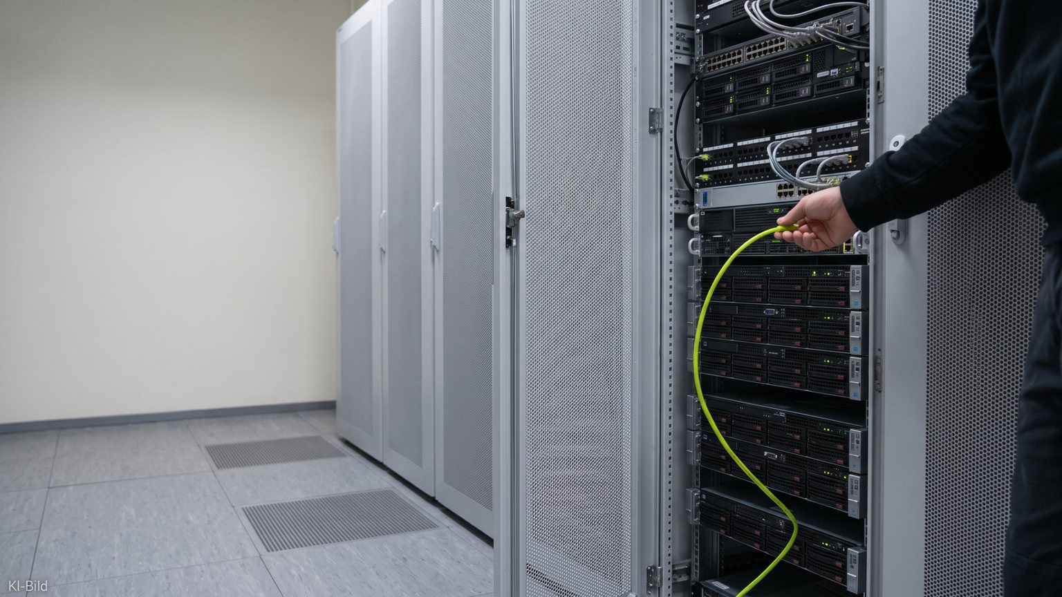 Ein limettengrünes Netzwerkkabel wird in einem hellen Rechenzentrum in einen offenen Serverschrank gesteckt, links weitere graue Serverschränke