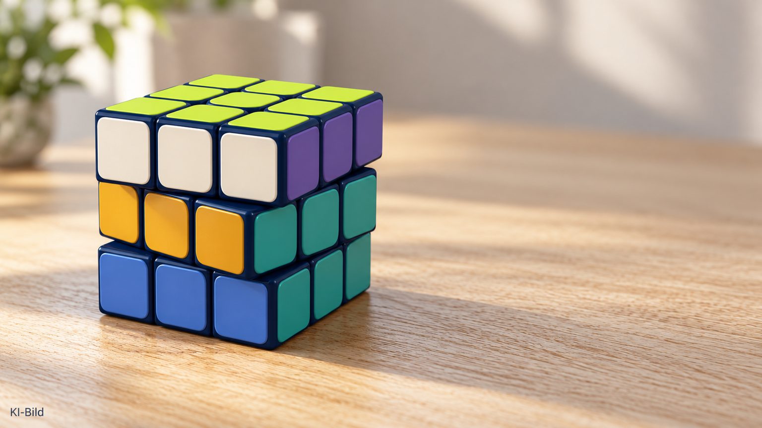 Zauberwürfel in Limette, Creme, Violett, Gold, Türkis und Blau auf einem hellen Holztisch