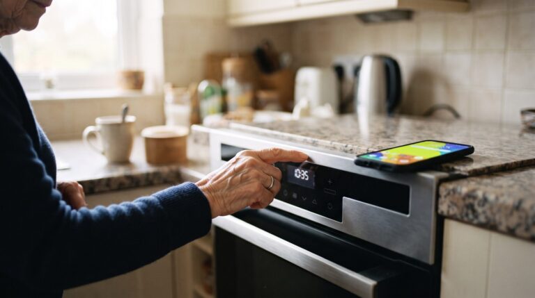 Hand eines älteren Menschen stellt die Uhr am Backofen um, daneben liegt ein Smartphone auf der Arbeitsplatte, ruhiges Morgenlicht