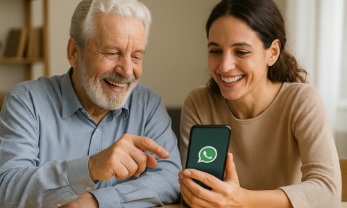 ChatGPT Image Jul 23, 2025, 06_34_35 PM Vater und Tochter sitzen zusammen und schauen auf ein Smartphone mit WhatsApp – ideal für Einsteiger.