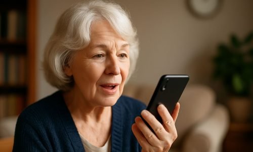 ältere Frau spricht zu Hause in ihr Smartphone ältere Frau spricht zu Hause in ihr Smartphone