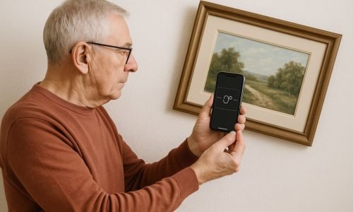 ein schiefes Bild an der Wand wird mit dem iPhone gerade ausgerichtet ein schiefes Bild an der Wand wird mit dem iPhone gerade ausgerichtet